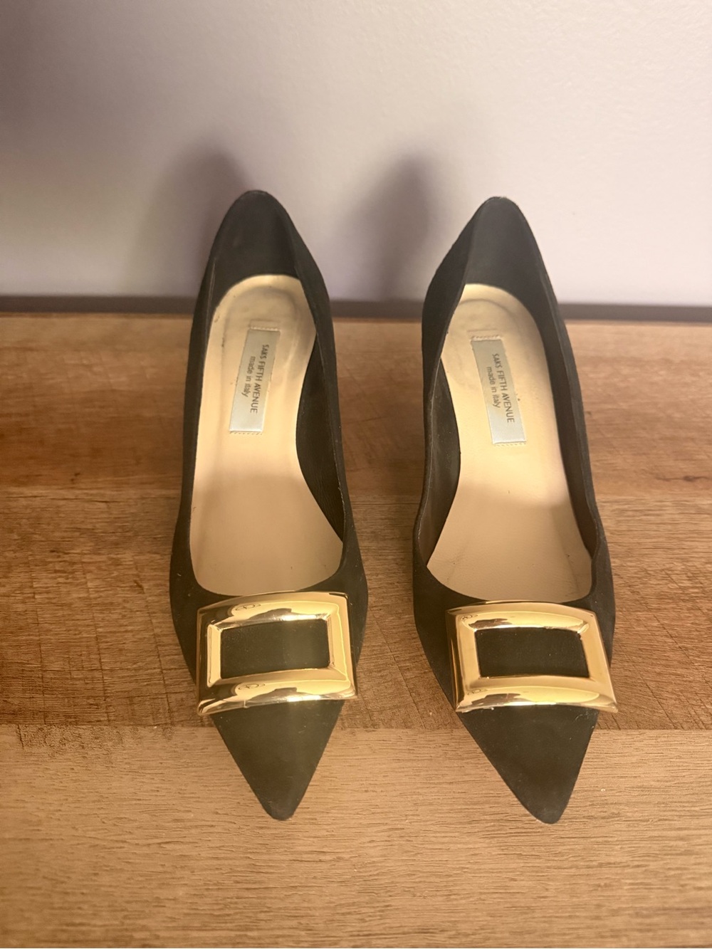 Saks Fifth Avenue Black Pointed Toe Low Heels with Gold Buckle